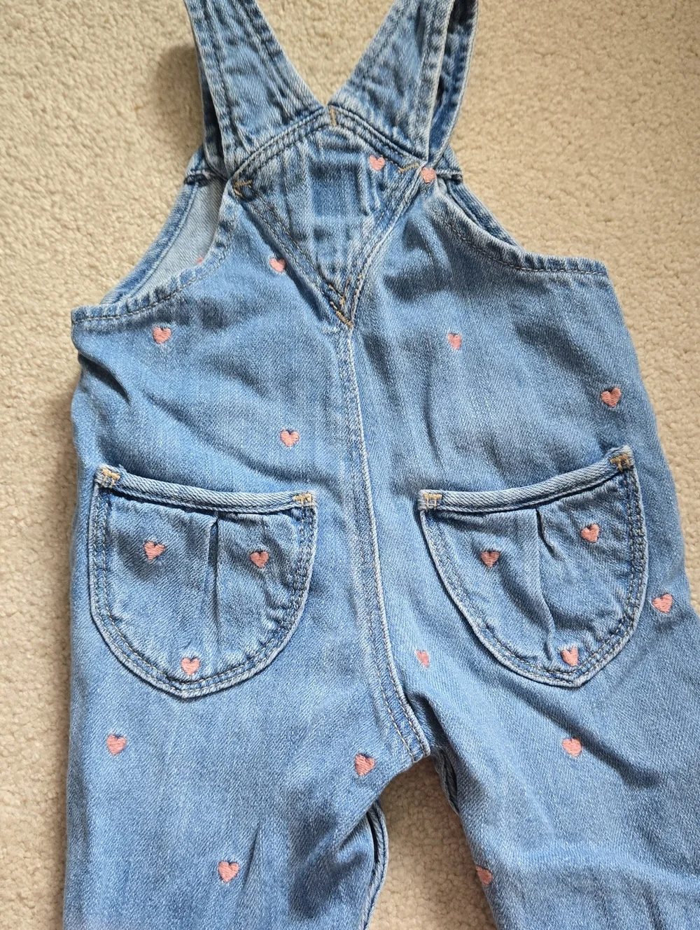 GAP Denim Overalls with Pink Heart Embroidery, Size 3-6M